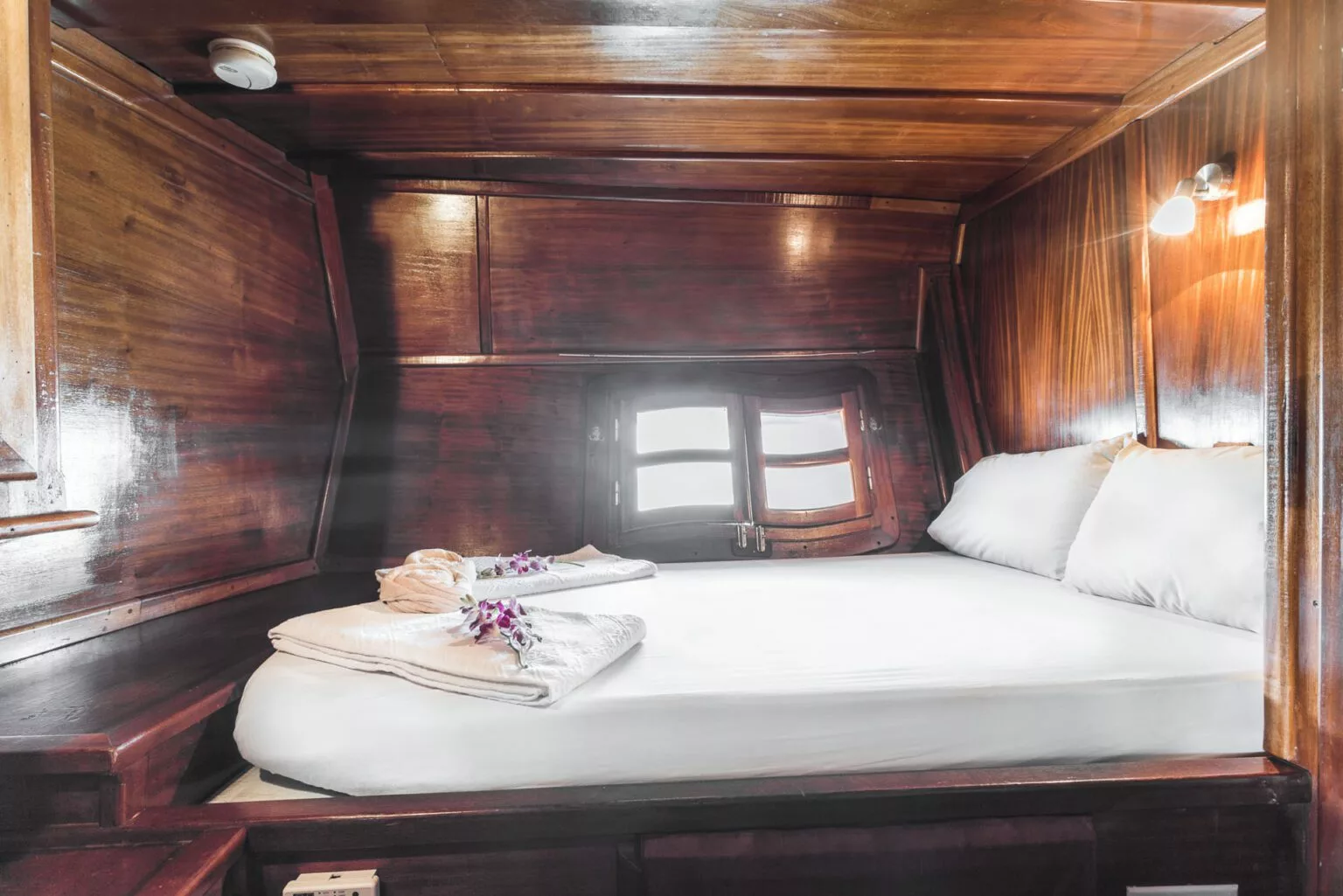comfortable cabin on the wooden sailing yacht, the naga