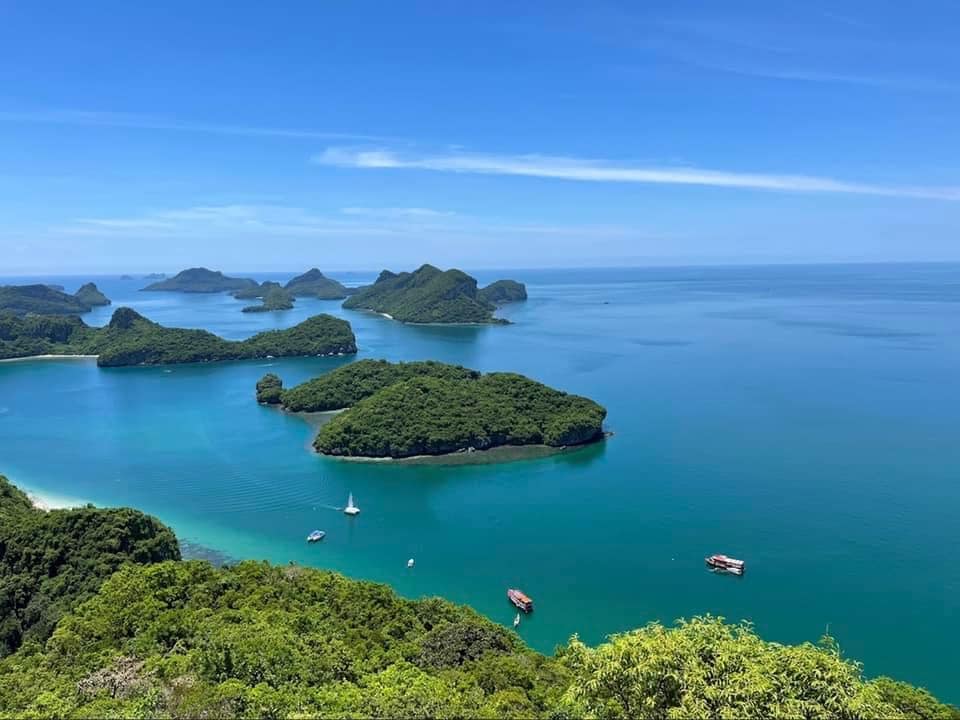 aerial shot over the island chain that forms ang thong national marine park, thailand