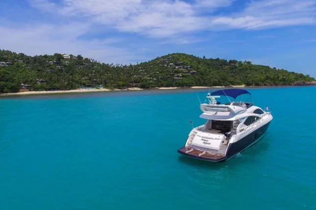 image showing our luxury motor yacht sunseeker manhattan moored off koh phangan