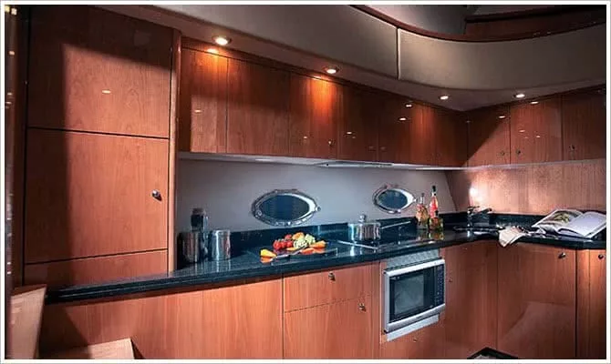 image shows the luxury galley on our sunseeker manhattan luxury motor yacht charter