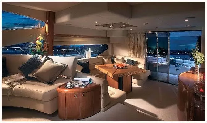 image shows the luxury lounge on our sunseeker manhattan luxury motor yacht charter